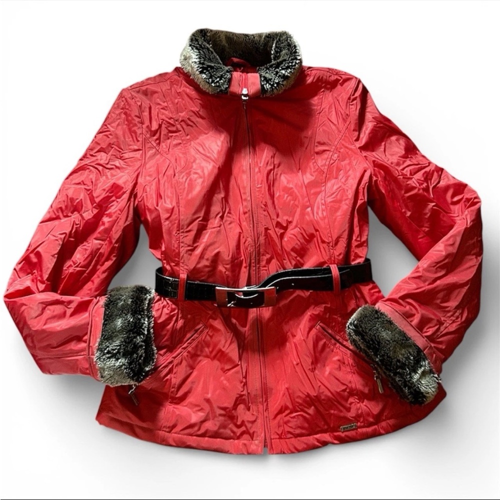 Rampage Stylish Red Faux Leather Faux Fur Black Belted Coat Size Medium
